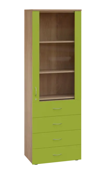 LE - 64 skříň léková prosklená, pravá, korpus dub bardolino, dvířka jarní zeleň